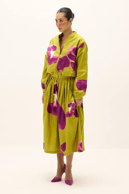 Buy_Kharakapas_Green Cotton High Neck Ladybloom Print Jacket With Skirt _Online_at_Aza_Fashions