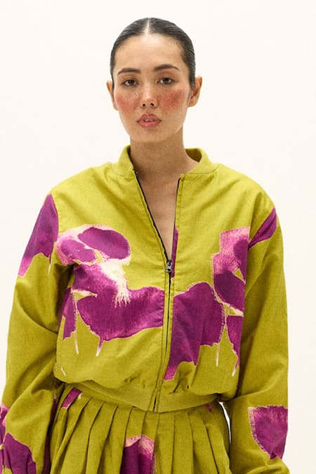 Shop_Kharakapas_Green Cotton High Neck Ladybloom Print Jacket With Skirt _Online_at_Aza_Fashions