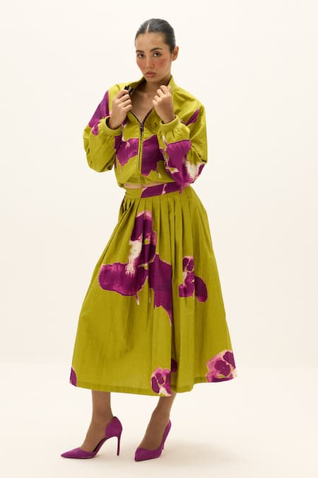Shop_Kharakapas_Green Cotton High Neck Ladybloom Print Jacket With Skirt 