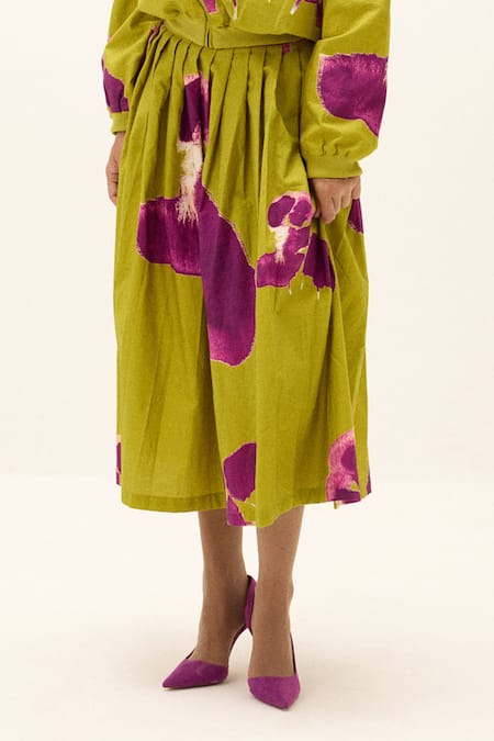 Buy_Kharakapas_Lime Cotton Ladybloom Skirt _Online_at_Aza_Fashions