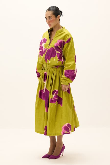 Buy_Kharakapas_Lime Cotton Ladybloom Skirt 