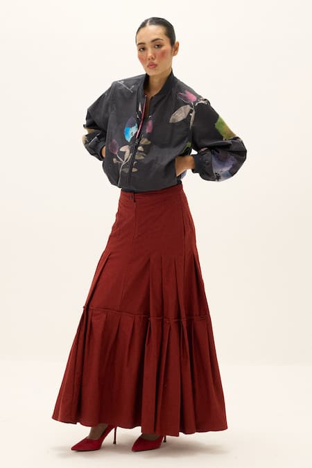 Kharakapas_Charcoal Cotton, Oxford Round Neck Irelune Bomber Jacket _at_Aza_Fashions