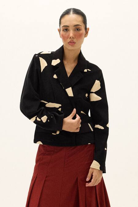 Buy_Kharakapas_Black Cotton, Corduroy Chia Printed Blazer _Online_at_Aza_Fashions
