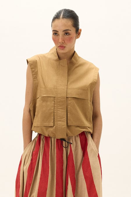 Kharakapas_Brown Cotton Collared Soline Jacket _Online_at_Aza_Fashions