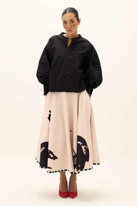 Kharakapas_White Corduroy, Cotton Foil Printing Alum Stone Skirt _Online_at_Aza_Fashions