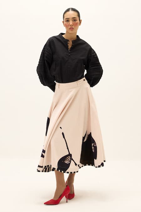 Buy_Kharakapas_White Corduroy, Cotton Foil Printing Alum Stone Skirt _Online_at_Aza_Fashions