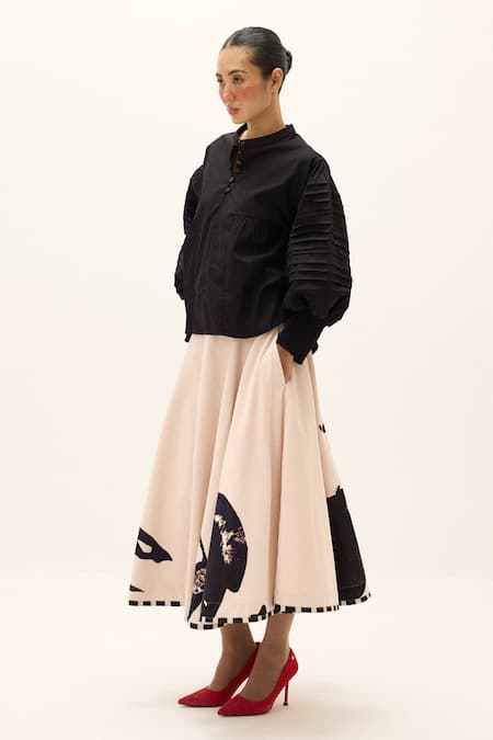 Shop_Kharakapas_White Corduroy, Cotton Foil Printing Alum Stone Skirt _Online_at_Aza_Fashions