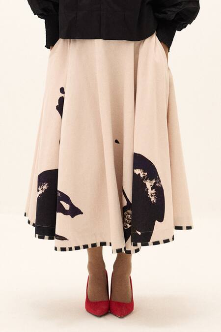 Buy_Kharakapas_White Corduroy, Cotton Foil Printing Alum Stone Skirt 