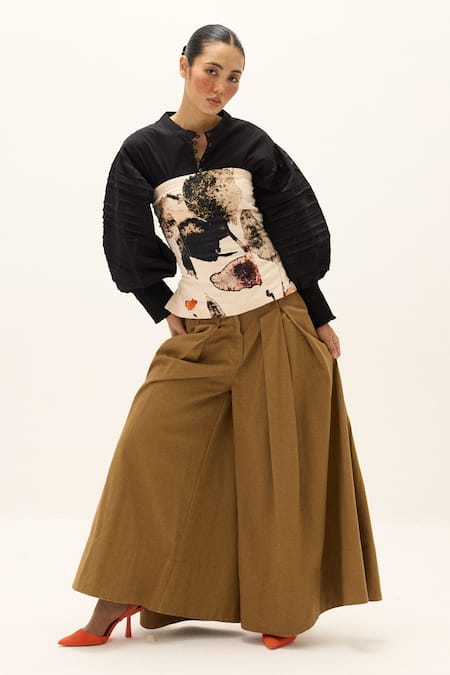 Shop_Kharakapas_Brown Cotton, Twill Russet Pant _Online_at_Aza_Fashions