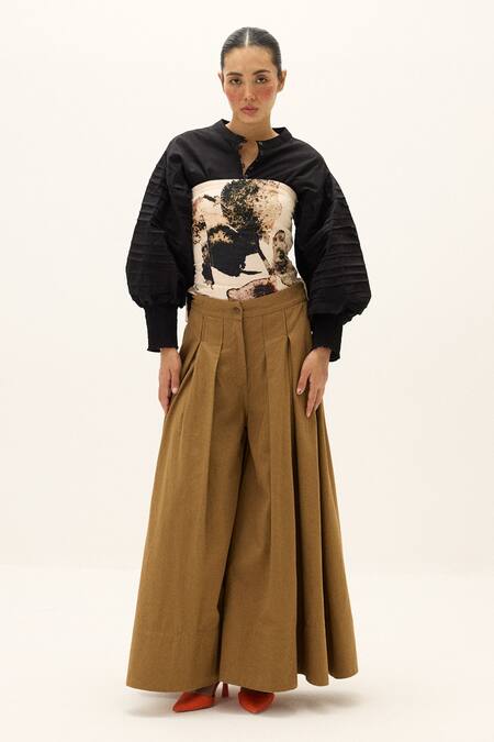 Kharakapas_Brown Cotton, Twill Russet Pant _at_Aza_Fashions