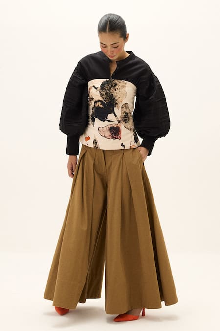 Buy_Kharakapas_Off White Cotton, Corduroy Bandeau Neck Rust Leaf Corset Top _Online_at_Aza_Fashions