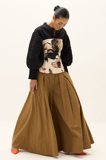 Buy_Kharakapas_Off White Cotton, Corduroy Bandeau Neck Rust Leaf Corset Top 