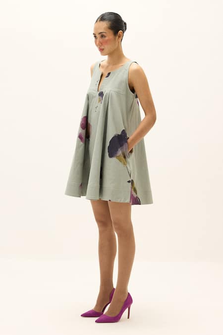 Kharakapas_Blue Cotton, Oxford Split V-neck Petal Play Dress _Online_at_Aza_Fashions