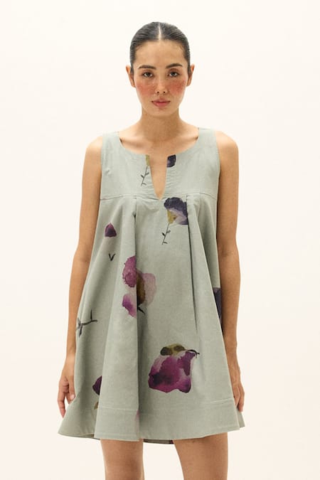 Buy_Kharakapas_Blue Cotton, Oxford Split V-neck Petal Play Dress _Online_at_Aza_Fashions
