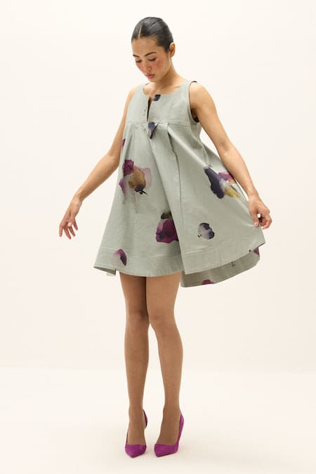 Buy_Kharakapas_Blue Cotton, Oxford Split V-neck Petal Play Dress 