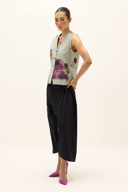 Kharakapas Blue Cotton V-neck Aurora Printed Waistcoat Online at Aza Fashions Kharakapas_Blue Cotton V-neck Aurora Printed Waistcoat _Online_at_Aza_Fashions