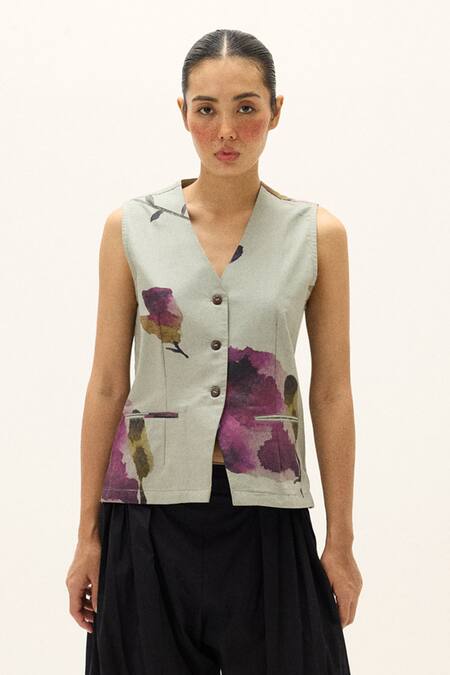 Shop Kharakapas Blue Cotton V-neck Aurora Printed Waistcoat Online at Aza Fashions Shop_Kharakapas_Blue Cotton V-neck Aurora Printed Waistcoat _Online_at_Aza_Fashions
