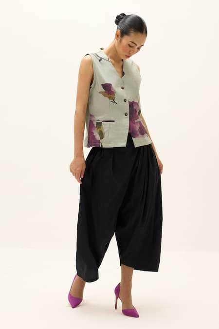 Buy Kharakapas Blue Cotton V-neck Aurora Printed Waistcoat Buy_Kharakapas_Blue Cotton V-neck Aurora Printed Waistcoat