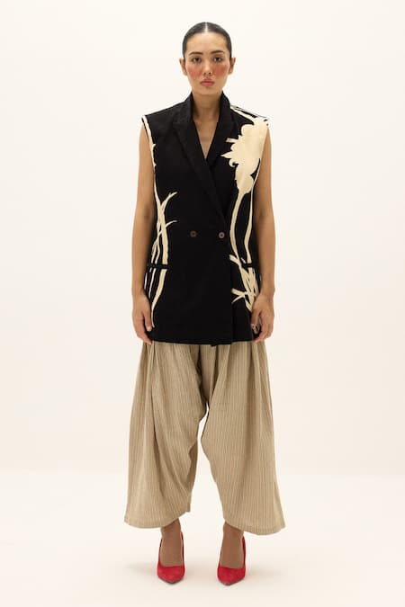 Kharakapas_Black Corduroy, Cotton Haze Printed Blazer _Online_at_Aza_Fashions
