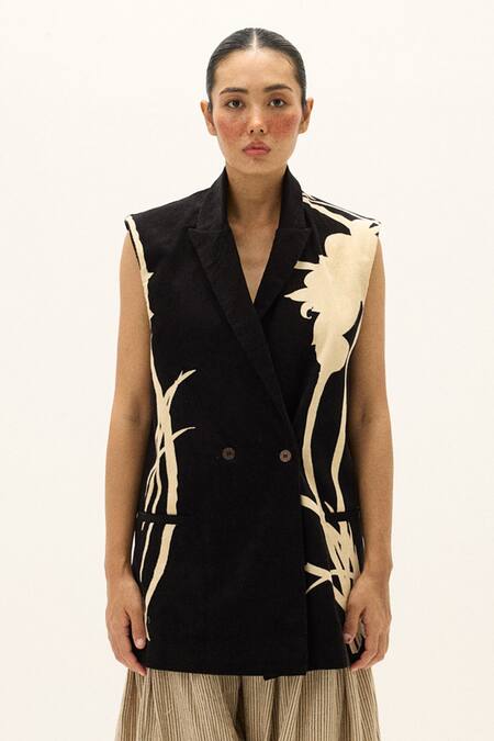 Buy_Kharakapas_Black Corduroy, Cotton Haze Printed Blazer _Online_at_Aza_Fashions