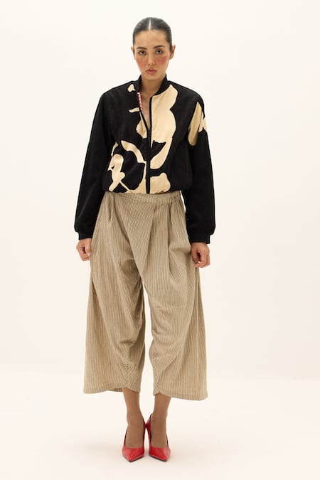 Kharakapas_Black Corduroy Collared Shade Cotton Bomber Jacket _at_Aza_Fashions