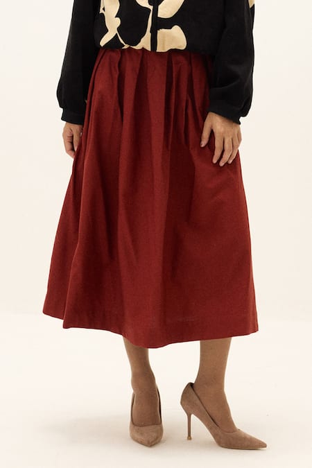 Kharakapas_Red Cotton Rowan Skirt _at_Aza_Fashions