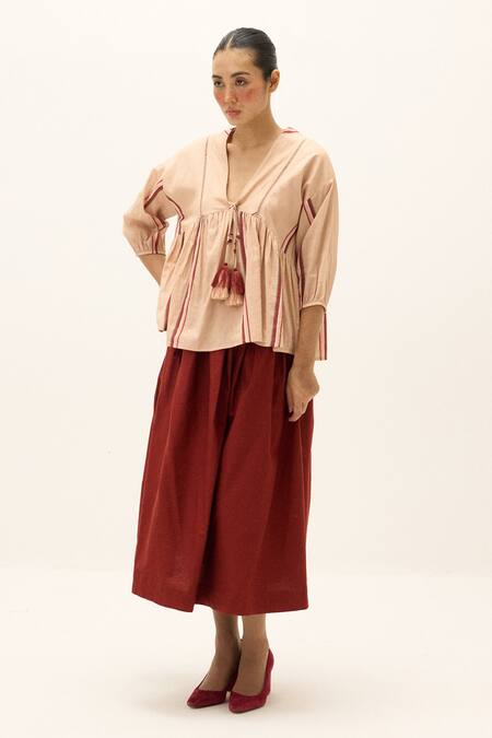 Kharakapas_Peach Cotton Tassels V-neck Belle Top _Online_at_Aza_Fashions