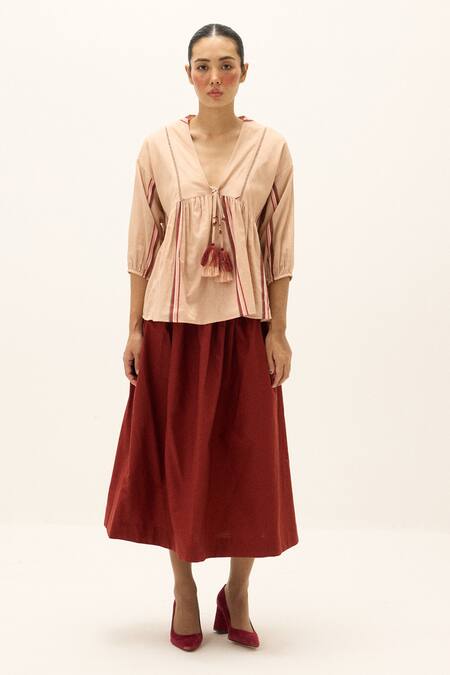 Buy_Kharakapas_Peach Cotton Tassels V-neck Belle Top _Online_at_Aza_Fashions