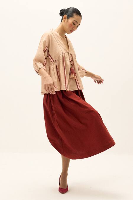 Shop_Kharakapas_Peach Cotton Tassels V-neck Belle Top _Online_at_Aza_Fashions