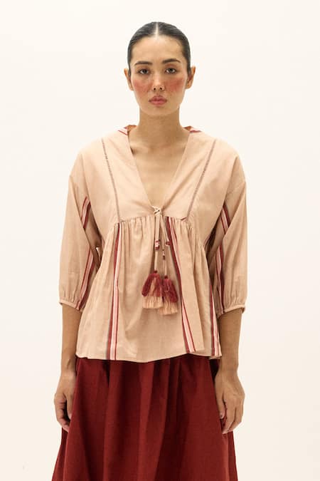Kharakapas_Peach Cotton Tassels V-neck Belle Top _at_Aza_Fashions