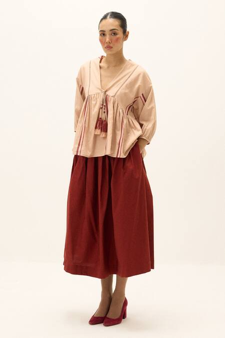 Buy_Kharakapas_Peach Cotton Tassels V-neck Belle Top 