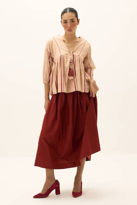 Shop_Kharakapas_Peach Cotton Tassels V-neck Belle Top 