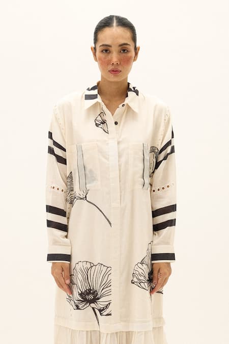 Kharakapas White Cotton Collared Frostline Dress Online at Aza Fashions Kharakapas_White Cotton Collared Frostline Dress _Online_at_Aza_Fashions