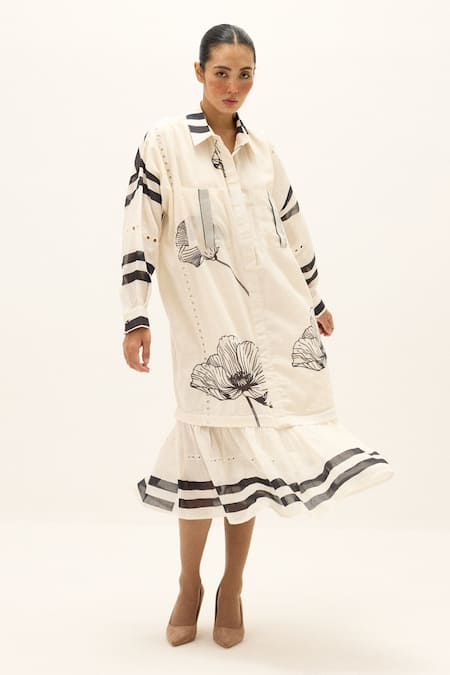 Shop Kharakapas White Cotton Collared Frostline Dress Online at Aza Fashions Shop_Kharakapas_White Cotton Collared Frostline Dress _Online_at_Aza_Fashions