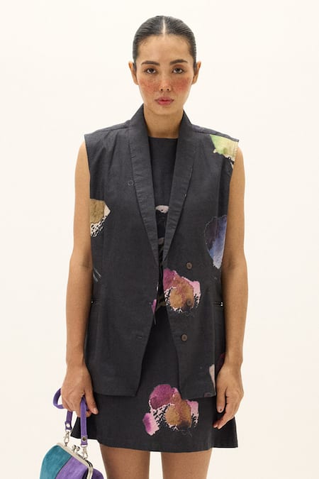 Buy_Kharakapas_Gray Cotton Round Neck Lune Dress With Blazer _Online_at_Aza_Fashions