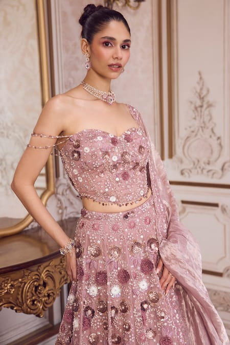 Label Sanya Gulati_Pink Silk Organza, Tissue Embroidery, Sequins, Beads, Rose Bridal Lehenga Set _Online_at_Aza_Fashions