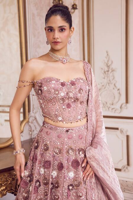 Shop_Label Sanya Gulati_Pink Silk Organza, Tissue Embroidery, Sequins, Beads, Rose Bridal Lehenga Set _Online_at_Aza_Fashions