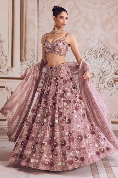 Label Sanya Gulati_Pink Silk Organza, Tissue Embroidery, Sequins, Beads, Pearls, Bridal Lehenga Set _Online_at_Aza_Fashions