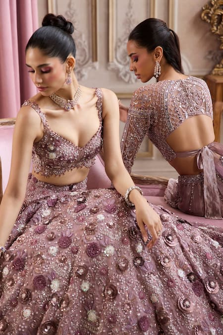 Buy_Label Sanya Gulati_Pink Silk Organza, Tissue Embroidery, Sequins, Beads, Pearls, Bridal Lehenga Set _Online_at_Aza_Fashions