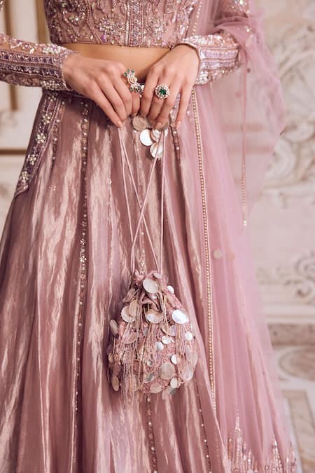 Label Sanya Gulati_Pink Tissue, Net Sequins, Beads, Mirrors, Embroidery, Tassels Rose Lehenga Set _Online_at_Aza_Fashions