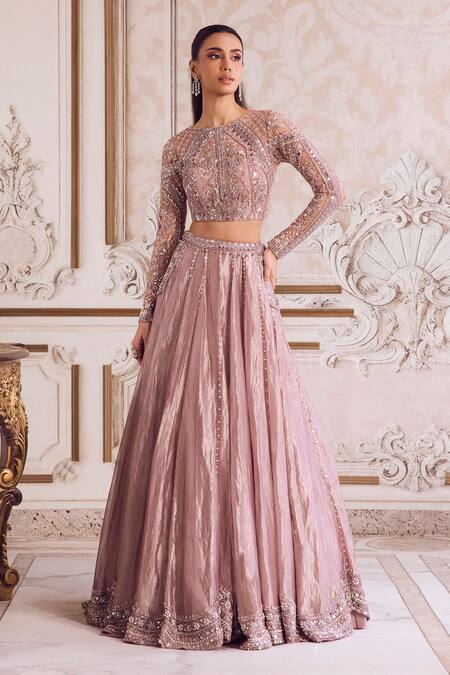 Buy_Label Sanya Gulati_Pink Tissue, Net Sequins, Beads, Mirrors, Embroidery, Tassels Rose Lehenga Set _Online_at_Aza_Fashions