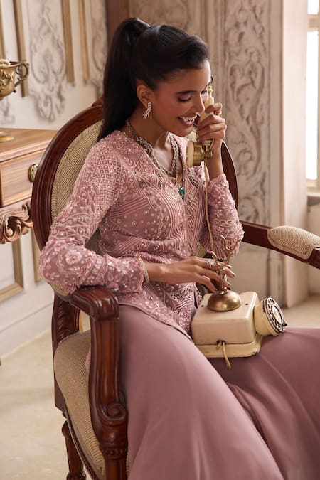 Label Sanya Gulati_Pink Georgette, Shantoon Embroidery, Sequins, Beads, Peplum Top With Palazzo _Online_at_Aza_Fashions