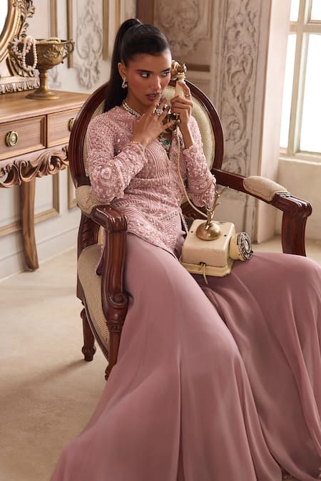 Buy_Label Sanya Gulati_Pink Georgette, Shantoon Embroidery, Sequins, Beads, Peplum Top With Palazzo _Online_at_Aza_Fashions