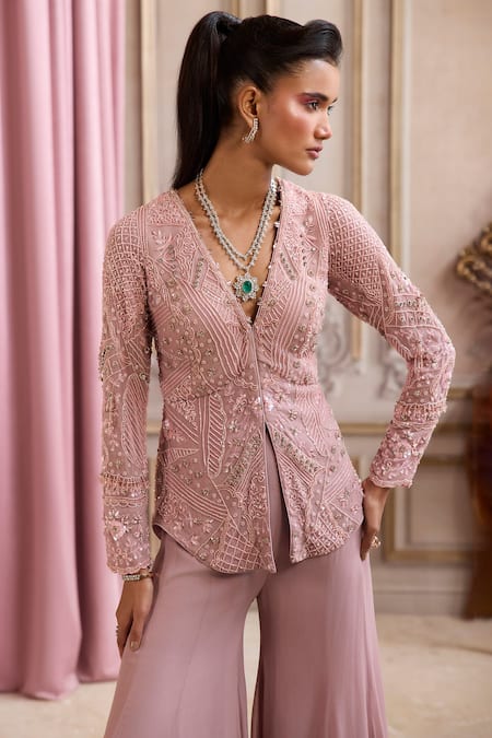 Shop_Label Sanya Gulati_Pink Georgette, Shantoon Embroidery, Sequins, Beads, Peplum Top With Palazzo _Online_at_Aza_Fashions