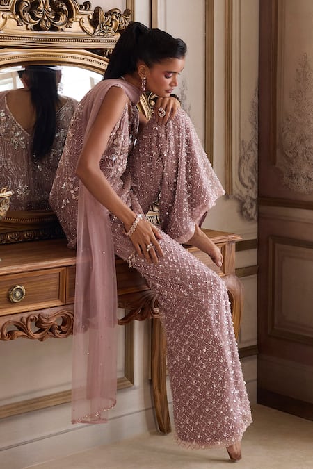 Label Sanya Gulati_Pink Net Sequins, Beads, Embroidery V-neck Kurta Palazzo Set _Online_at_Aza_Fashions