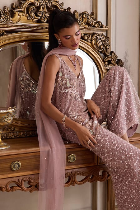 Buy_Label Sanya Gulati_Pink Net Sequins, Beads, Embroidery V-neck Kurta Palazzo Set _Online_at_Aza_Fashions