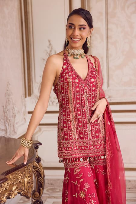 Label Sanya Gulati_Magenta Silk Organza, Organza, Net Embroidery, Sequins, Beads, Kurta Sharara Set _Online_at_Aza_Fashions