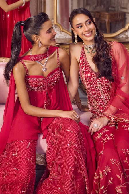 Buy_Label Sanya Gulati_Magenta Silk Organza, Organza, Net Embroidery, Sequins, Beads, Kurta Sharara Set _Online_at_Aza_Fashions