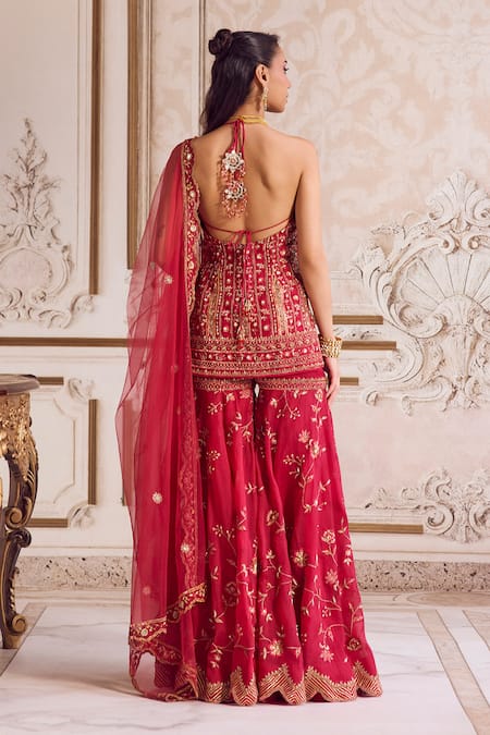 Label Sanya Gulati Magenta Halter Neck Kurta Sharara Set 