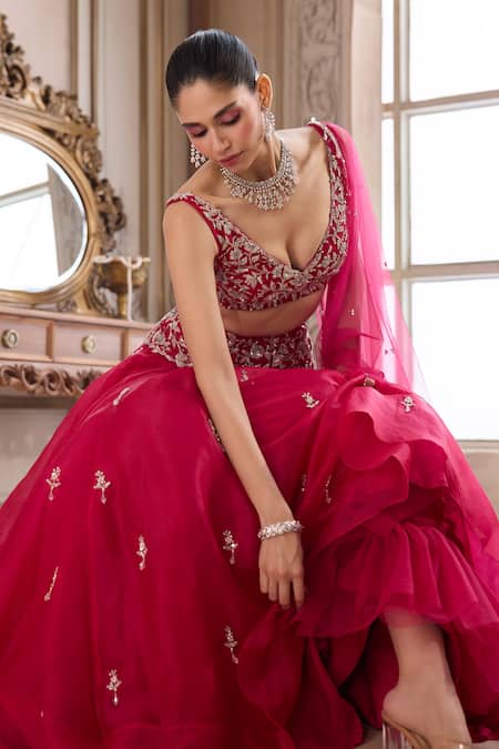 Label Sanya Gulati_Magenta Organza, Silk Organza, Net Tassels, Sequins, Stones, Pearls, Lehenga Set _Online_at_Aza_Fashions